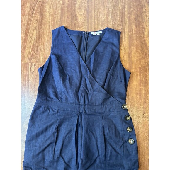 Boden Dorothea Linen Blend Cropped Wrap Jumpsuit Navy Blue Sz 12R V-Neck Button - Picture 3 of 8
